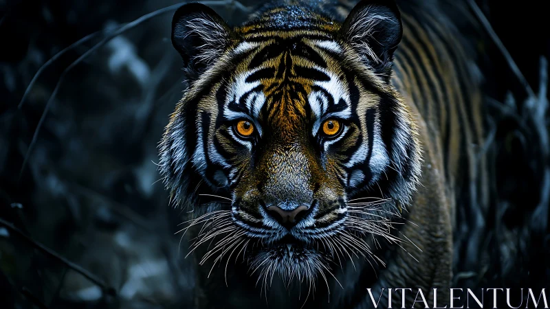 Tiger’s piercing gaze cuts through deep shadowed jungle night