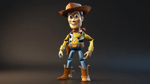 Cowboy-themed 3D cartoon toy character on dark backdrop.