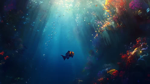 Gentle clownfish drifts through sunlit, colorful reef depths