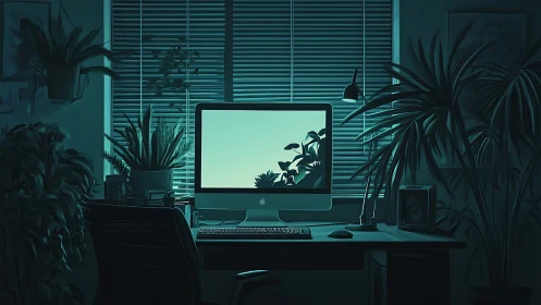 Computer workstation stands among dense indoor houseplants