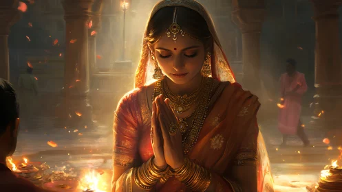 Indian woman in traditional attire praying at temple, warm lighting.