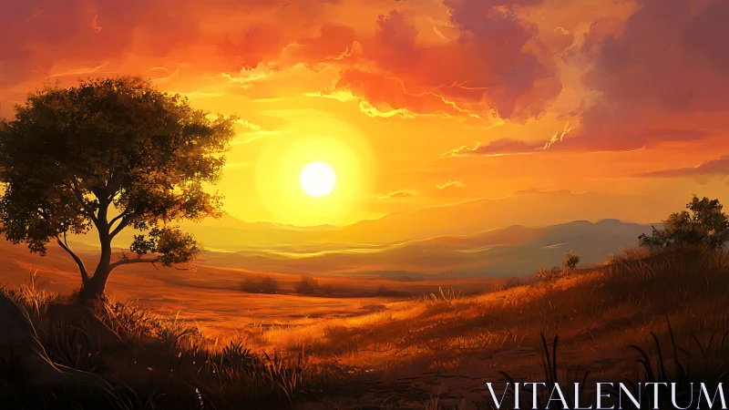 Golden hillside sunset with quiet tree and glowing sky.