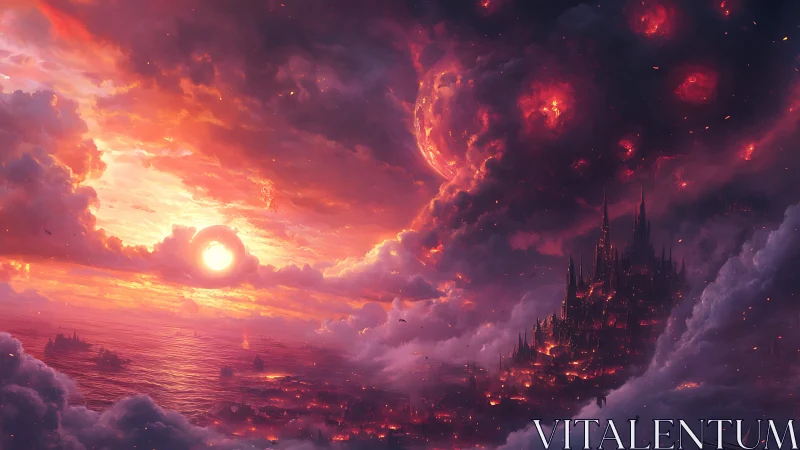 Apocalyptic fantasy skyline under burning celestial storm.