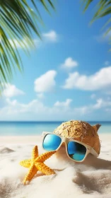 Coconut with sunglasses on sandy tropical beach scene.