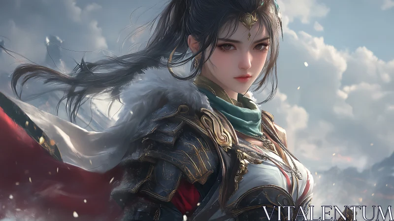 Armored warrior heroine rendered with high-detail fantasy lighting