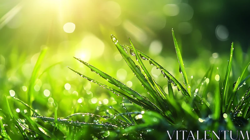 Morning sunlight sparkles on dew-covered grass blades.