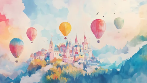 Dreamy hilltop castle with pastel hot air balloons above.