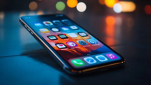 Smartphone with vibrant app icons illuminated in bokeh ambiance.
