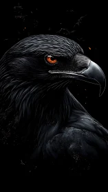 Raven portrait glows with fiery orange eye on black night.