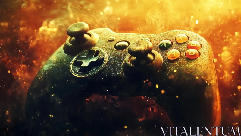 Game controller with illuminated particles in warm light.