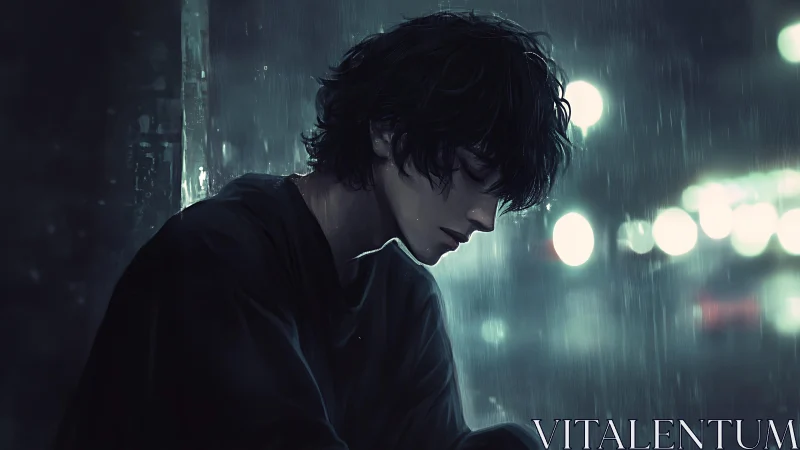 Quiet midnight rain with a thoughtful boy in soft neon glow.