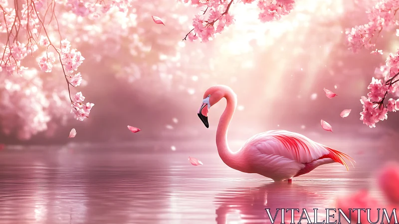 Solitary pink flamingo stands under glowing cherry blossoms