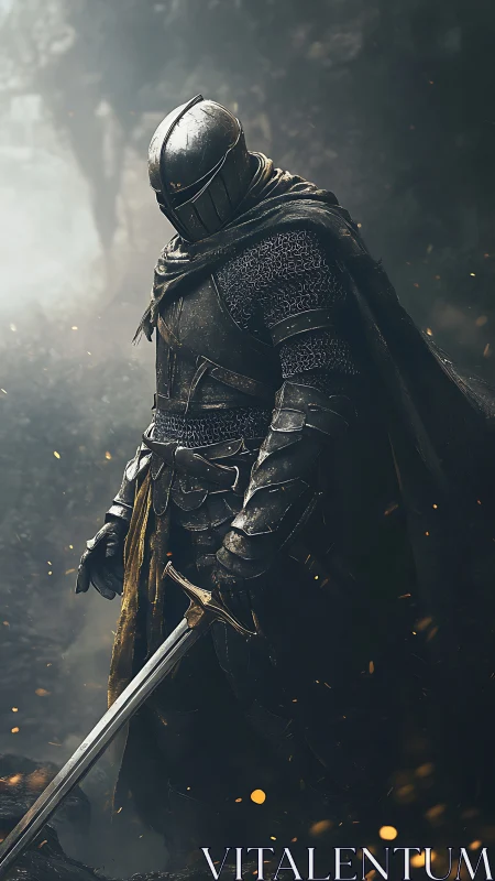 Steel-clad wanderer pauses while embers script a silent vow