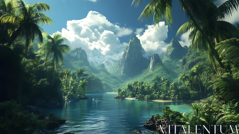 Tropical Paradise Valley with Towering Peaks and Crystal Waters