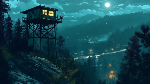 Moonlit forest watchtower overlooks misty valley road.