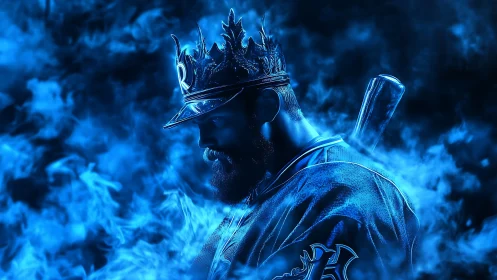 Blue crowned slugger stands in swirling neon smoke with pride