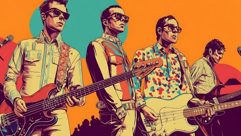 Four electric bass guitarists stand on stylized concert stage