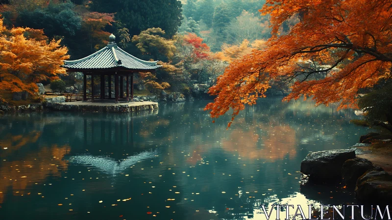 Autumn lakeside pavilion with specular reflections and foliage.