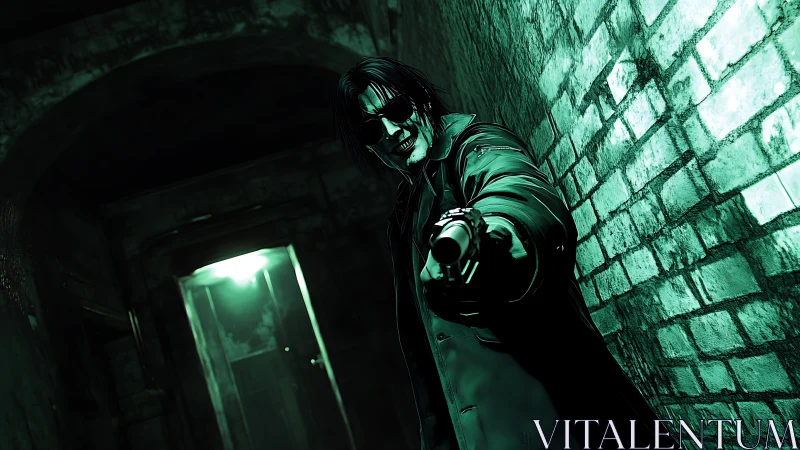 Gunman in neon-green alleyway with dramatic low-angle view.