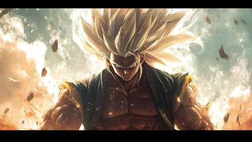 Ultra-powered warrior amid explosive golden energy storm.