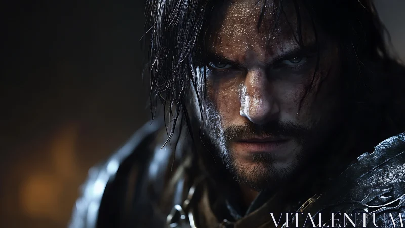 Storm-eyed warrior resting between battles, firelit gaze.