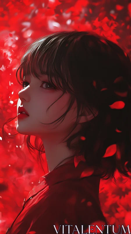 Crimson petals orbit a quiet girl caught in sideways light