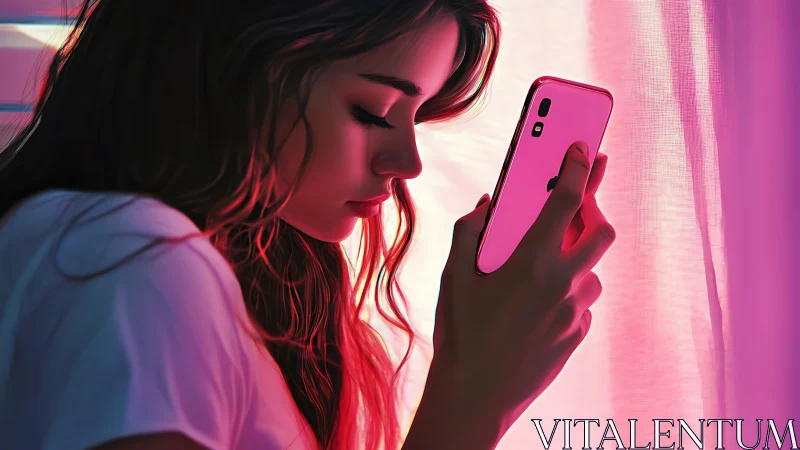 Neon hush wraps a quiet girl lost in her glowing phone