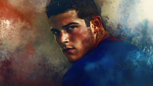 Intense male portrait merges athletic figure with color clouds