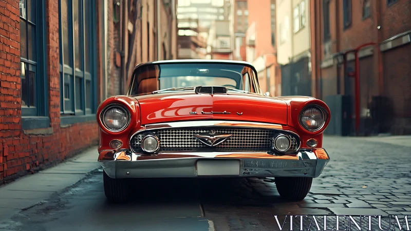 Red vintage coupe on cobblestone alley in urban setting.