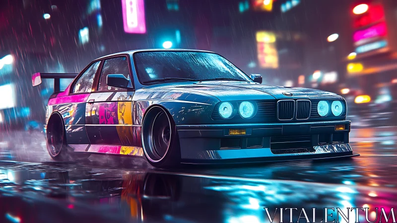 Neon-soaked tuner car slices through a rainy cyberpunk street