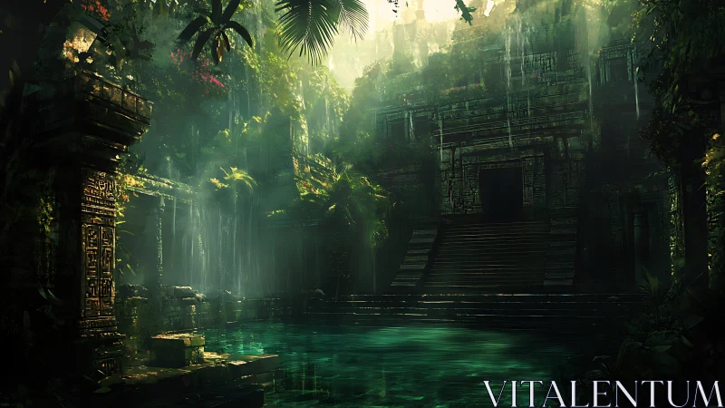 Jungle temple ruins with stepped entrance and central pool.