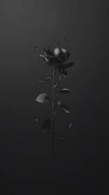 Solitary black rose drifts in a dark, quietly dramatic void