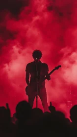 Electric guitarist commands the stage in bold crimson haze