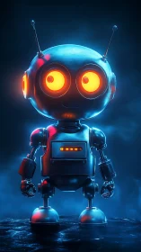 Cute glowing robot stands in neon mist, ready to assist