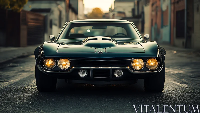 Classic muscle car glowing softly on a quiet city street.