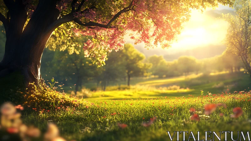 Sunlit blossom tree over flowering meadow in spring light.