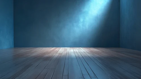 Minimalist blue interior with spotlight on empty wooden floor.