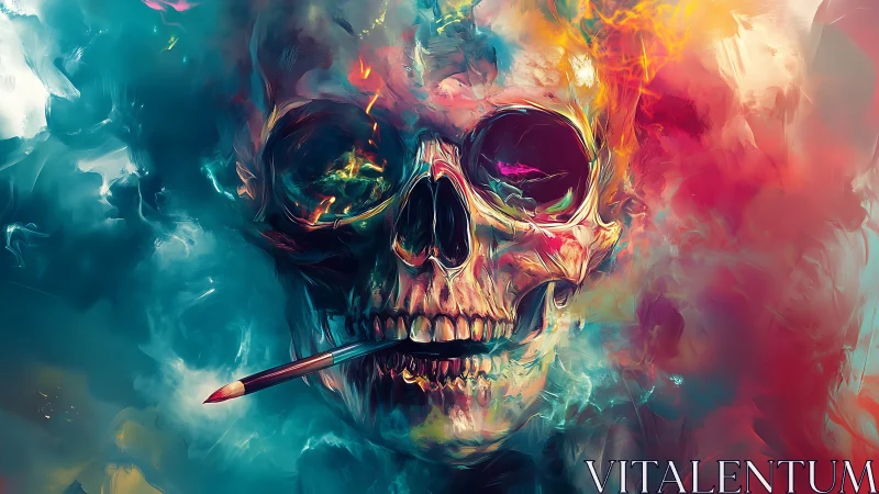 Flaming Skull Artist Wrapped In Wild Neon Color Storms.