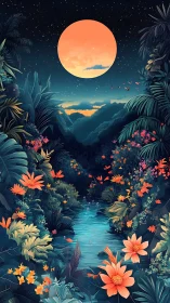 Tropical river valley extends under oversized glowing moon