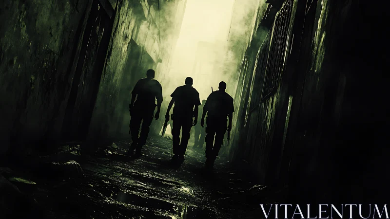 Shadowed patrol moving through a foggy city alleyway.