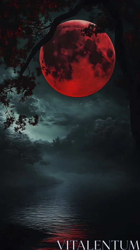 Lunar eclipse over misted river in high-contrast chromatics.