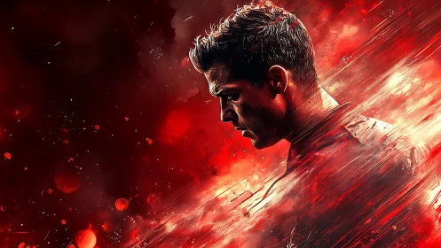 Digital painting portrait in dynamic red motion blur field.