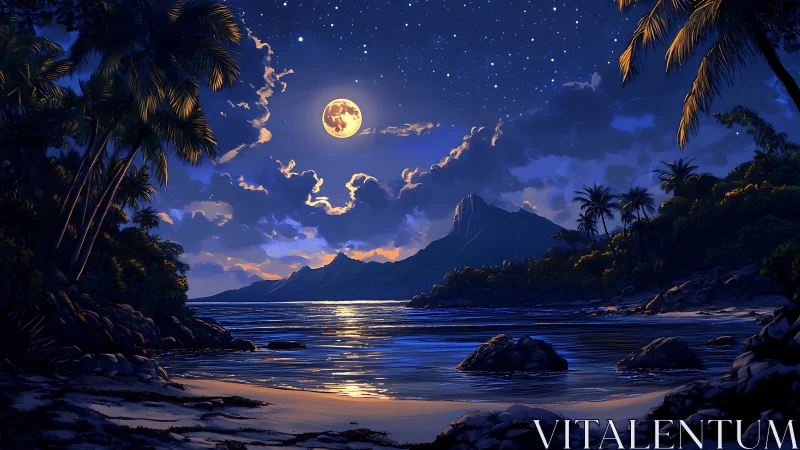 Moonlit Tropical Bay with Mountain Vista.