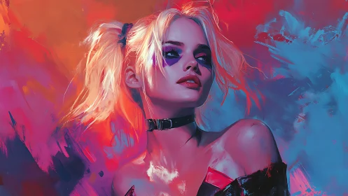 Blonde punk woman with smeared makeup stands in neon light