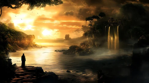 Solitary robed figure observes illuminated river landscape