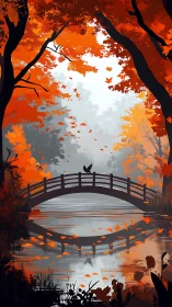 Footbridge spans calm river beneath dense orange foliage