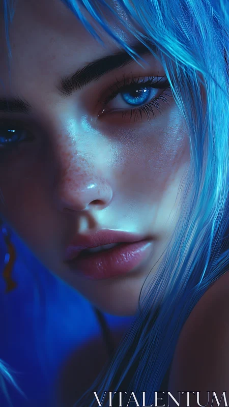 Hyperreal blue‑lit portrait captures luminous feminine gaze