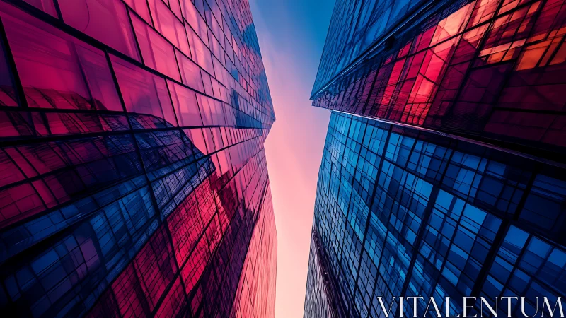 Colorful glass towers glowing in a soft evening sky.