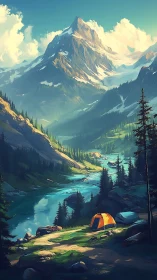 Mountain river campsite under towering sunlit peaks