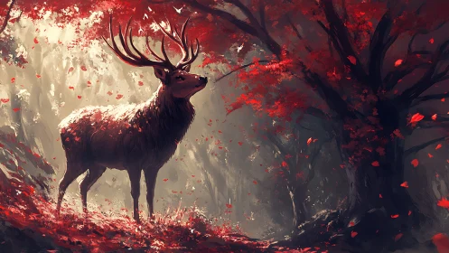 Majestic stag standing in red autumn forest clearing.